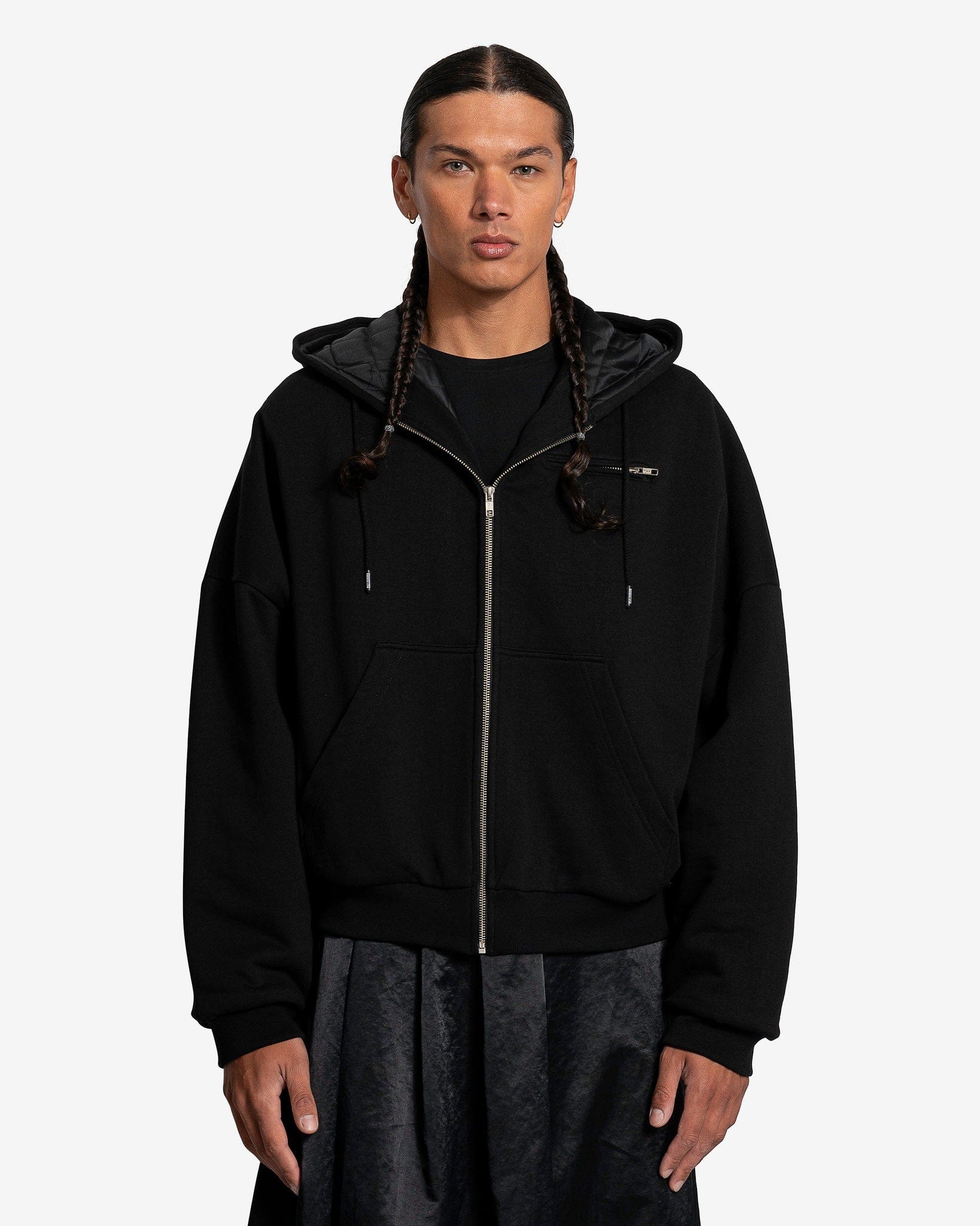 Full Zip Quilted Lined Buffalo Hoodie in Jet Black