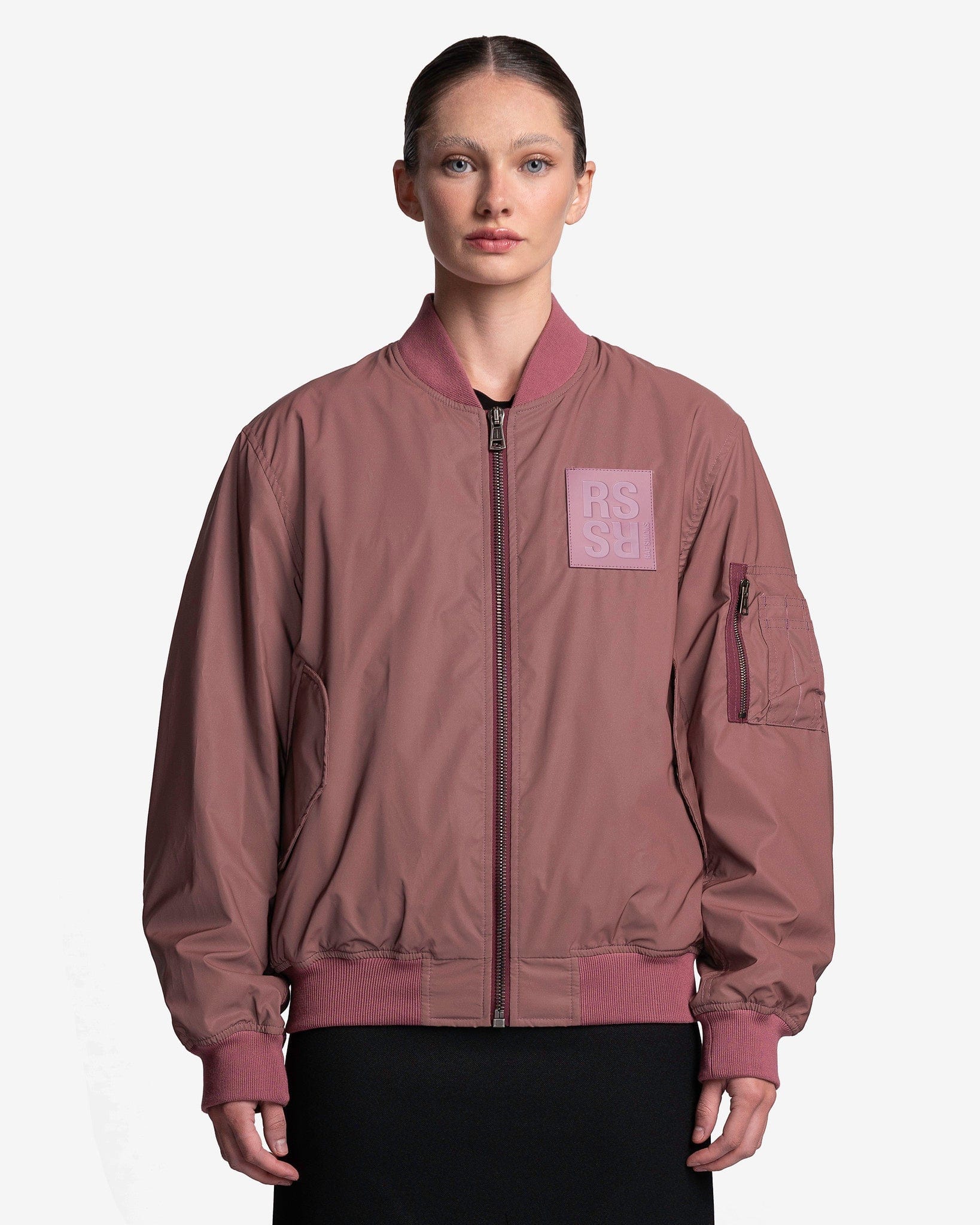 MA1 women's bomber jacket with zipped pocket on sleeve