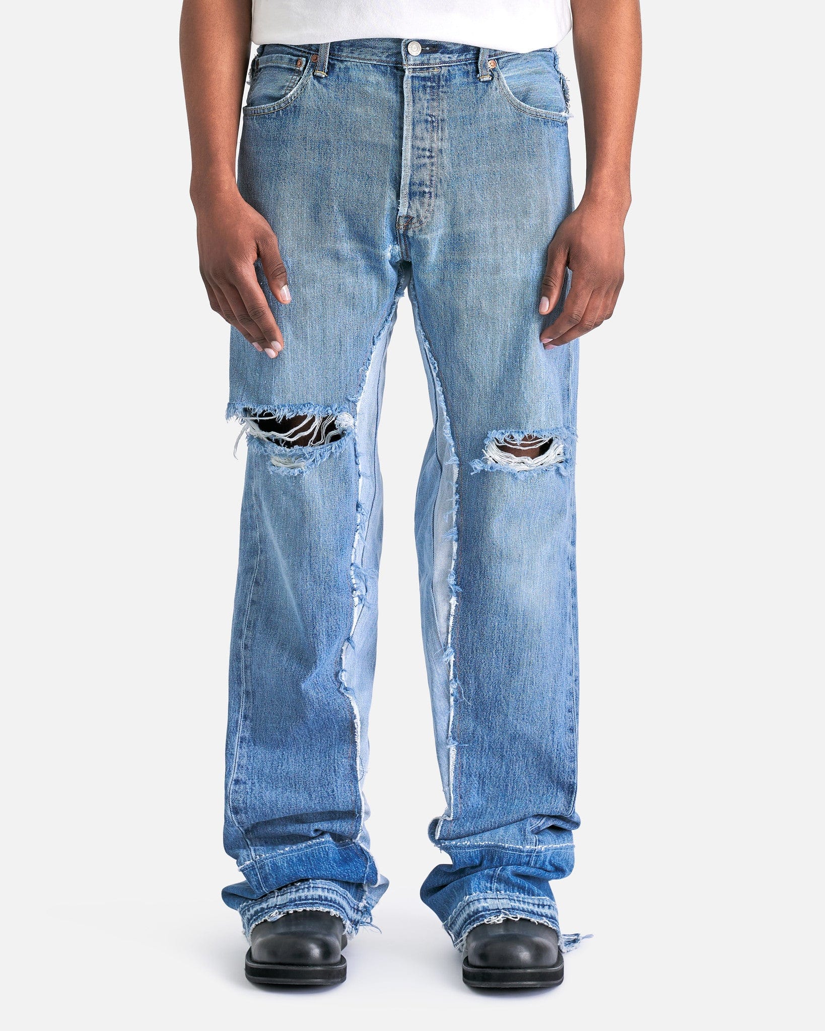 Reconstructed Denim Raw Pants in Blue