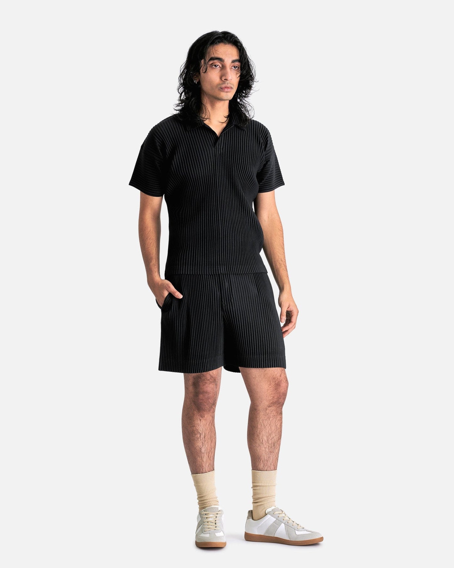 Homme Plissé Issey Miyake Men's Shirts Basics Pleated Polo Shirt in Black