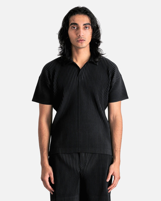 Homme Plissé Issey Miyake Men's Shirts Basics Pleated Polo Shirt in Black