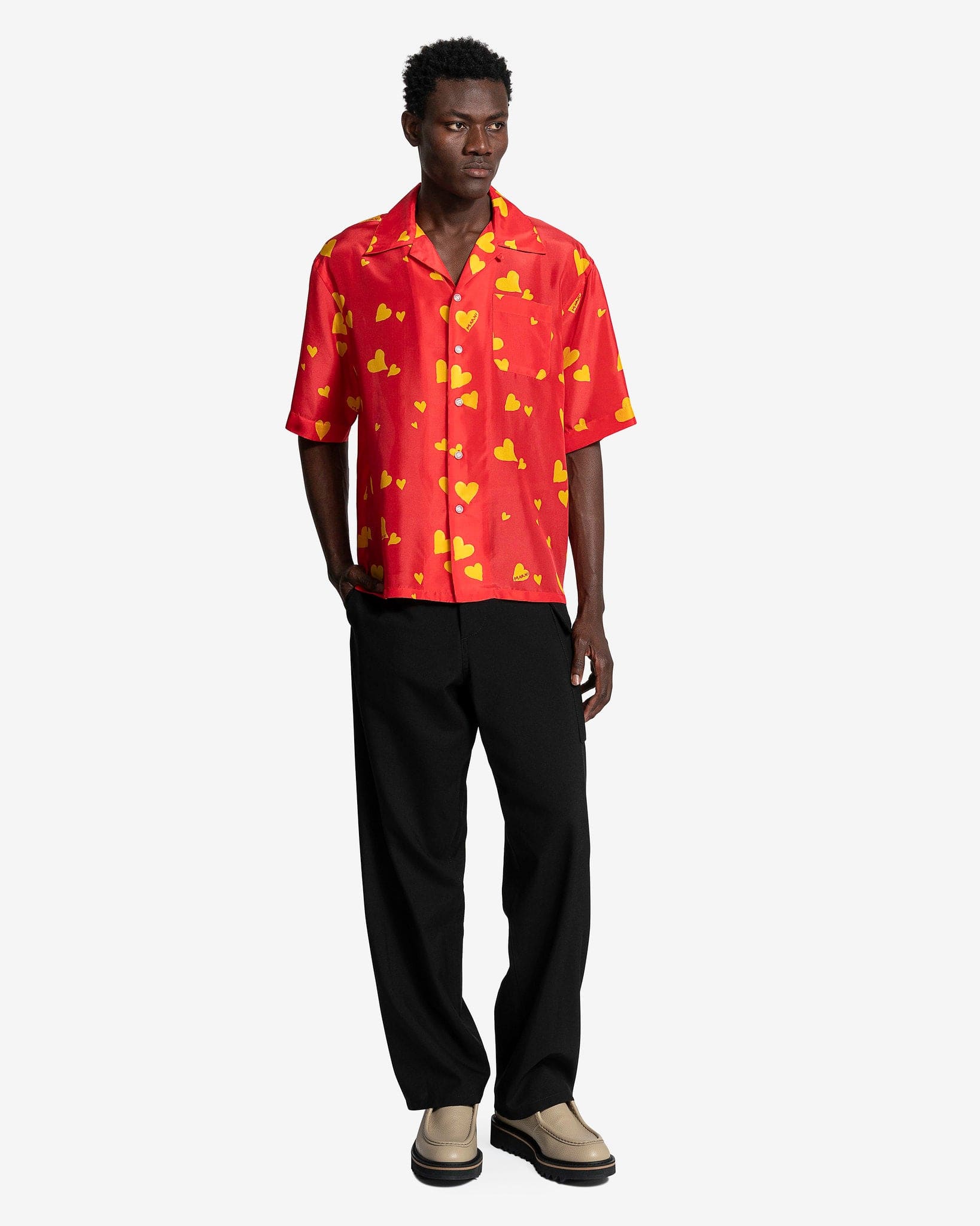 Marni Men's Shirts Bunch of Hearts Silk Shirt in Redorange Fluo