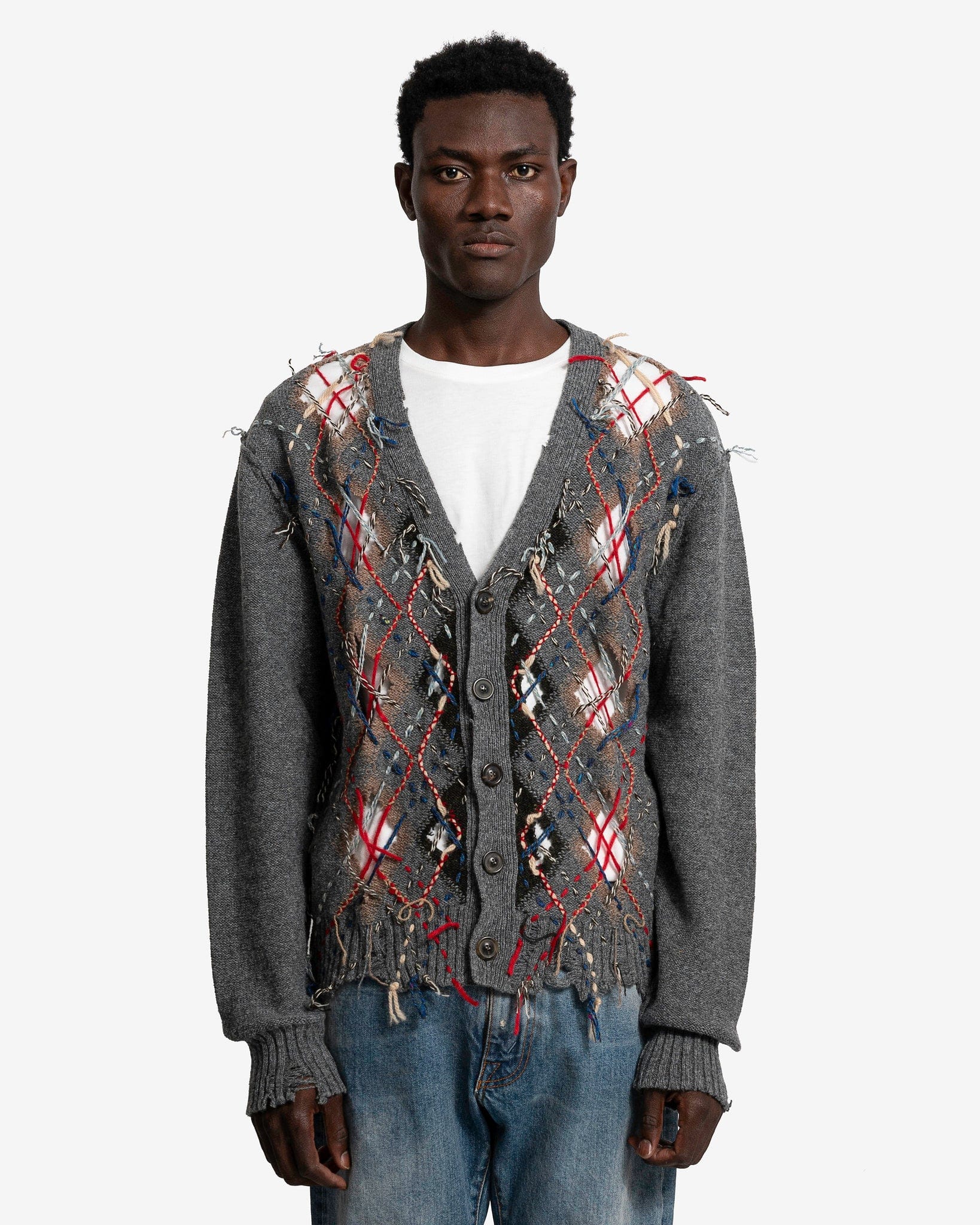 Maison Margiela Men's Sweater Cut-Out Knit Cardigan in Grey/Walnut