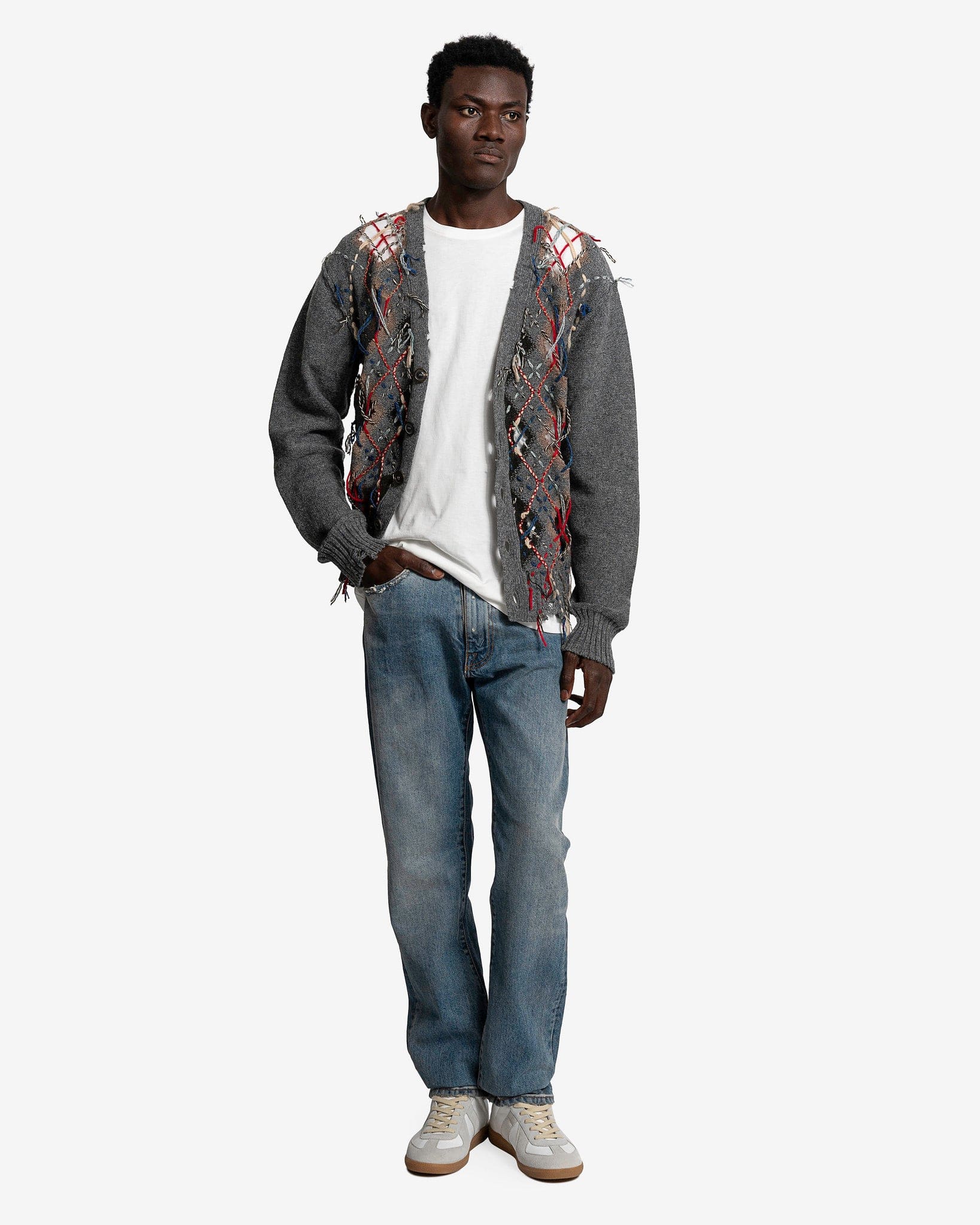 Maison Margiela Men's Sweater Cut-Out Knit Cardigan in Grey/Walnut