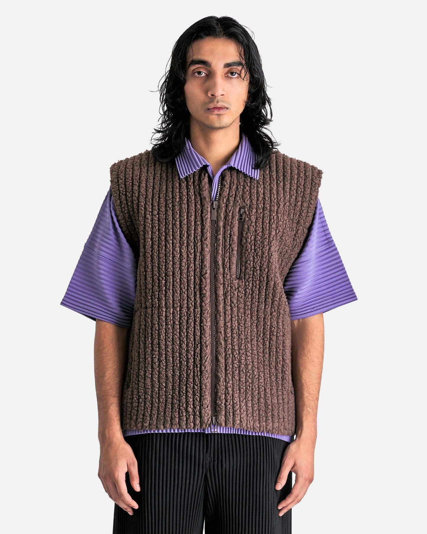 Homme Plissé Issey Miyake Men's Tops Fleece Pleats Vest in Brown