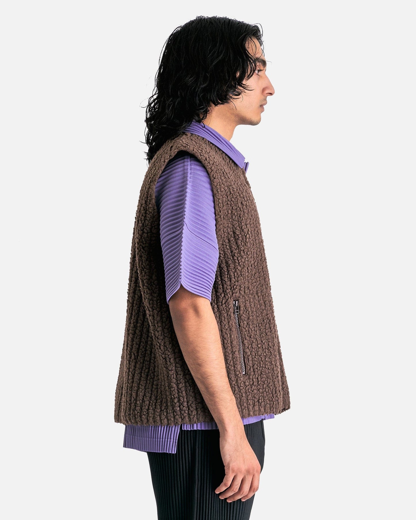 Homme Plissé Issey Miyake Men's Tops Fleece Pleats Vest in Brown