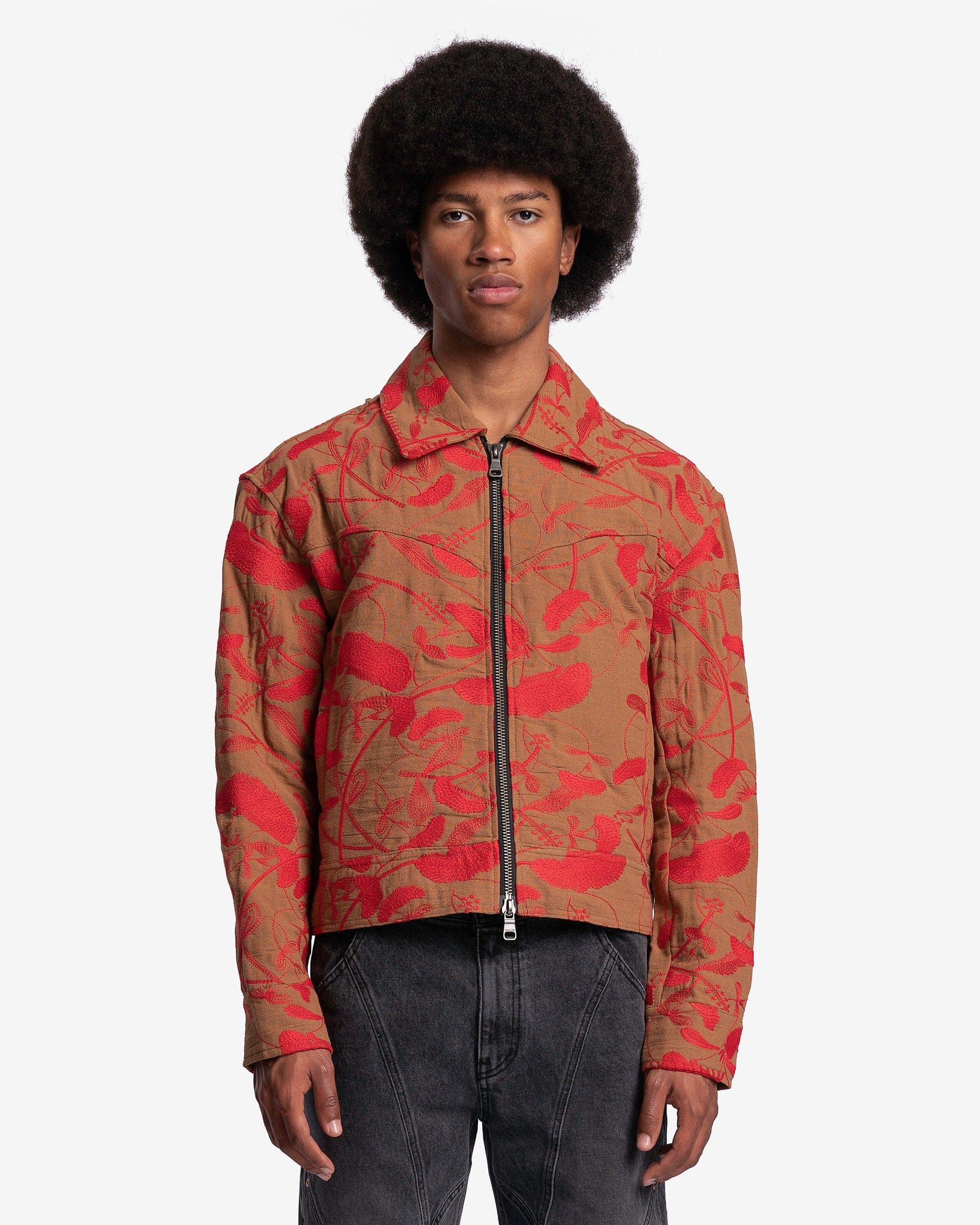 Flower Embroidery Zip-Up Jacket in Beige