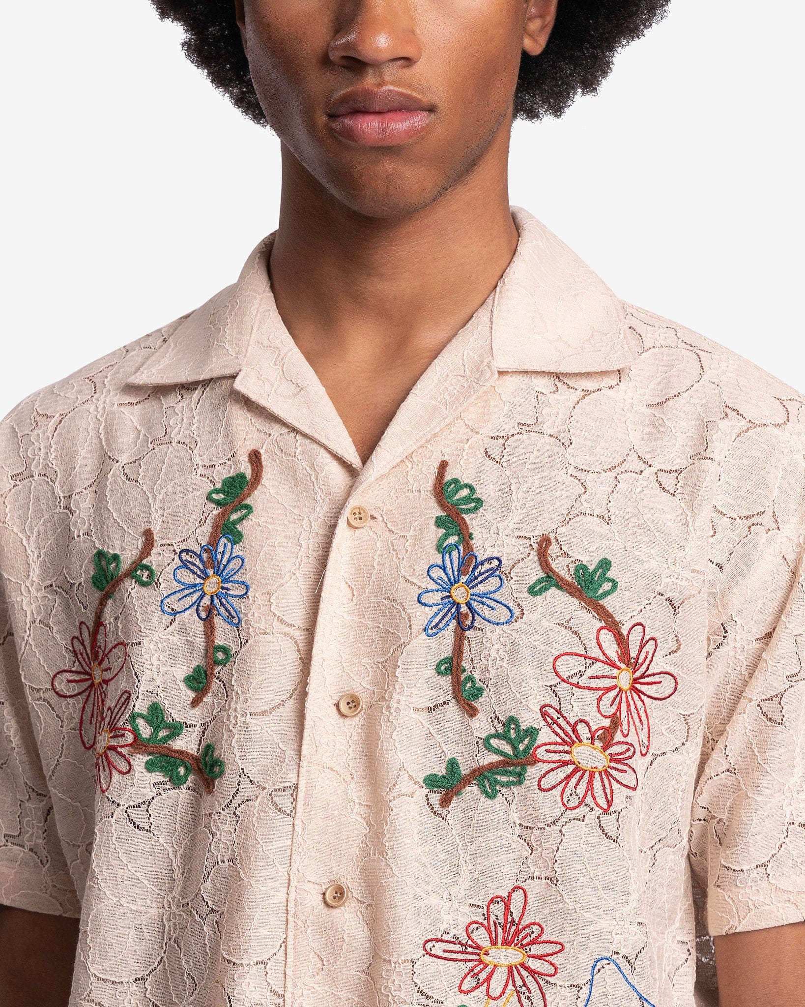 Flower Mushroom Embroidery Open Collar Shirt in Ecru