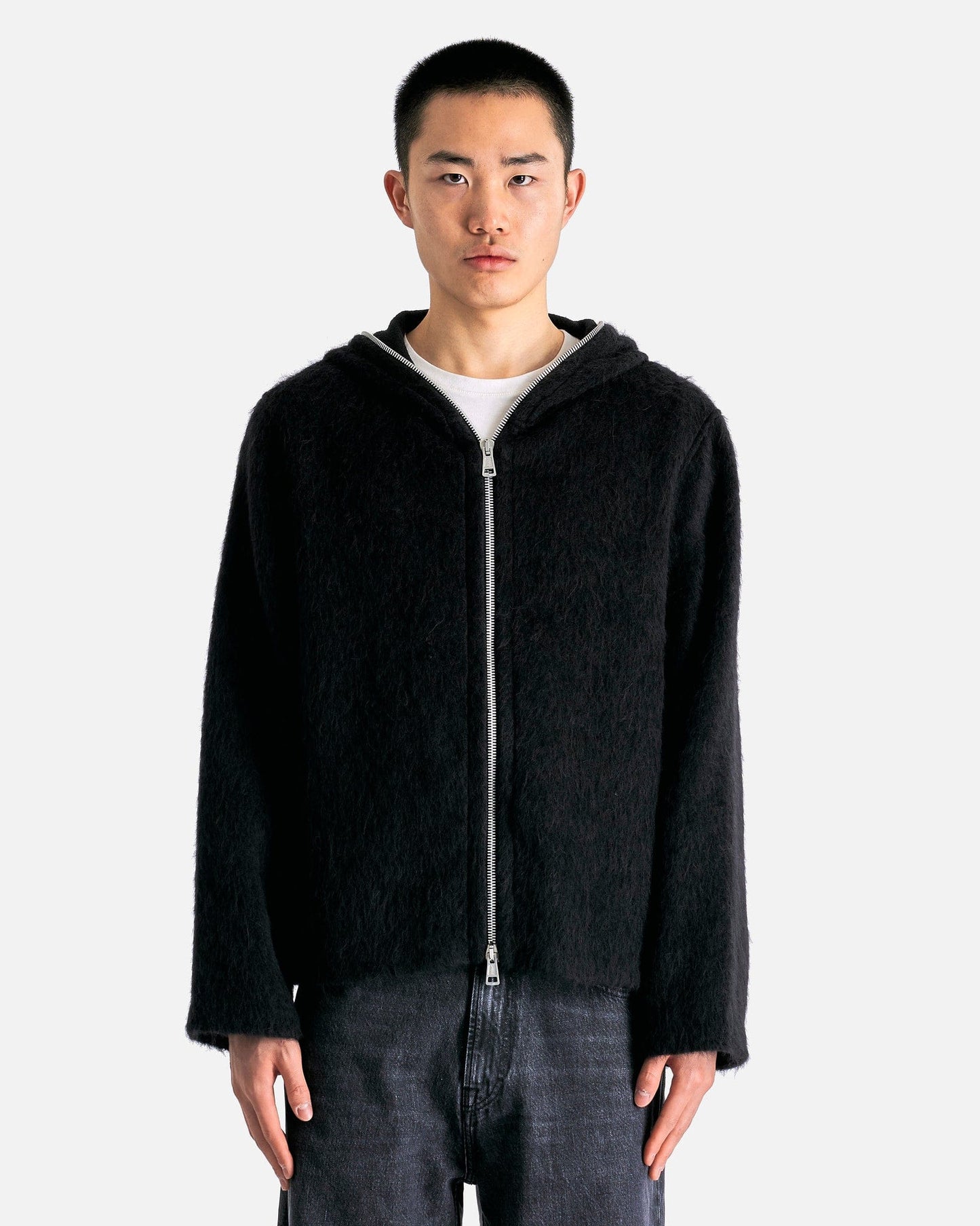 Our Legacy Men Sweaters Full Zip Hood in Black Hairy Wool