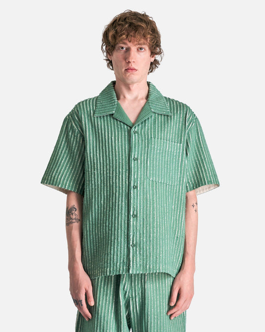 Craig Green Men's Shirts Hand-Frayed Striped Short Sleeve Shirt in Green/Cream