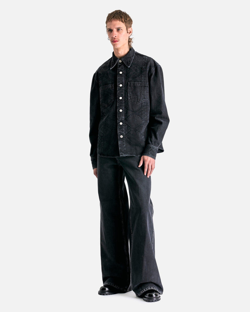 NAMACHEKO Men's Shirts Jansa Embroidered Denim Shirt in Black/Embroidery Black