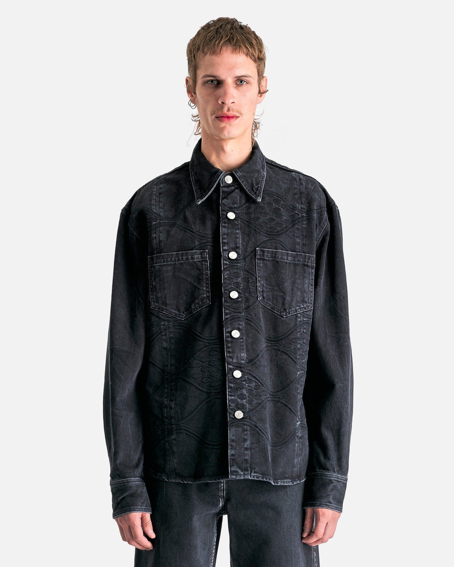 NAMACHEKO Men's Shirts Jansa Embroidered Denim Shirt in Black/Embroidery Black