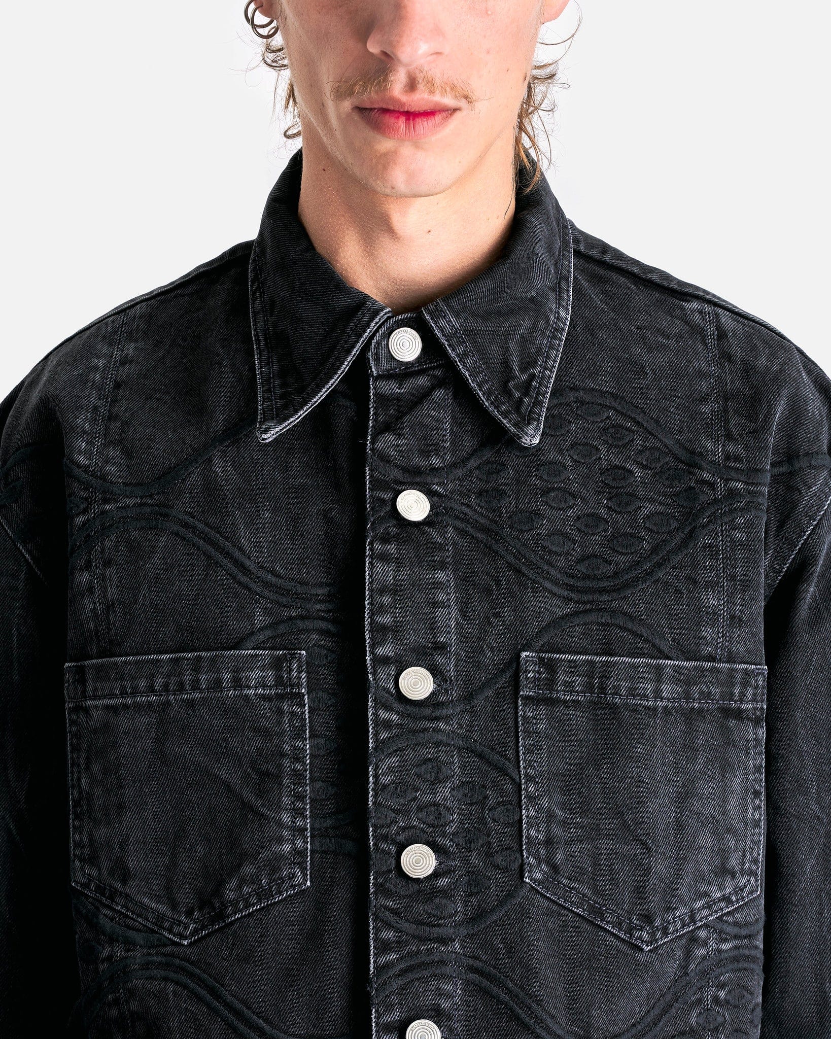 NAMACHEKO Men's Shirts Jansa Embroidered Denim Shirt in Black/Embroidery Black