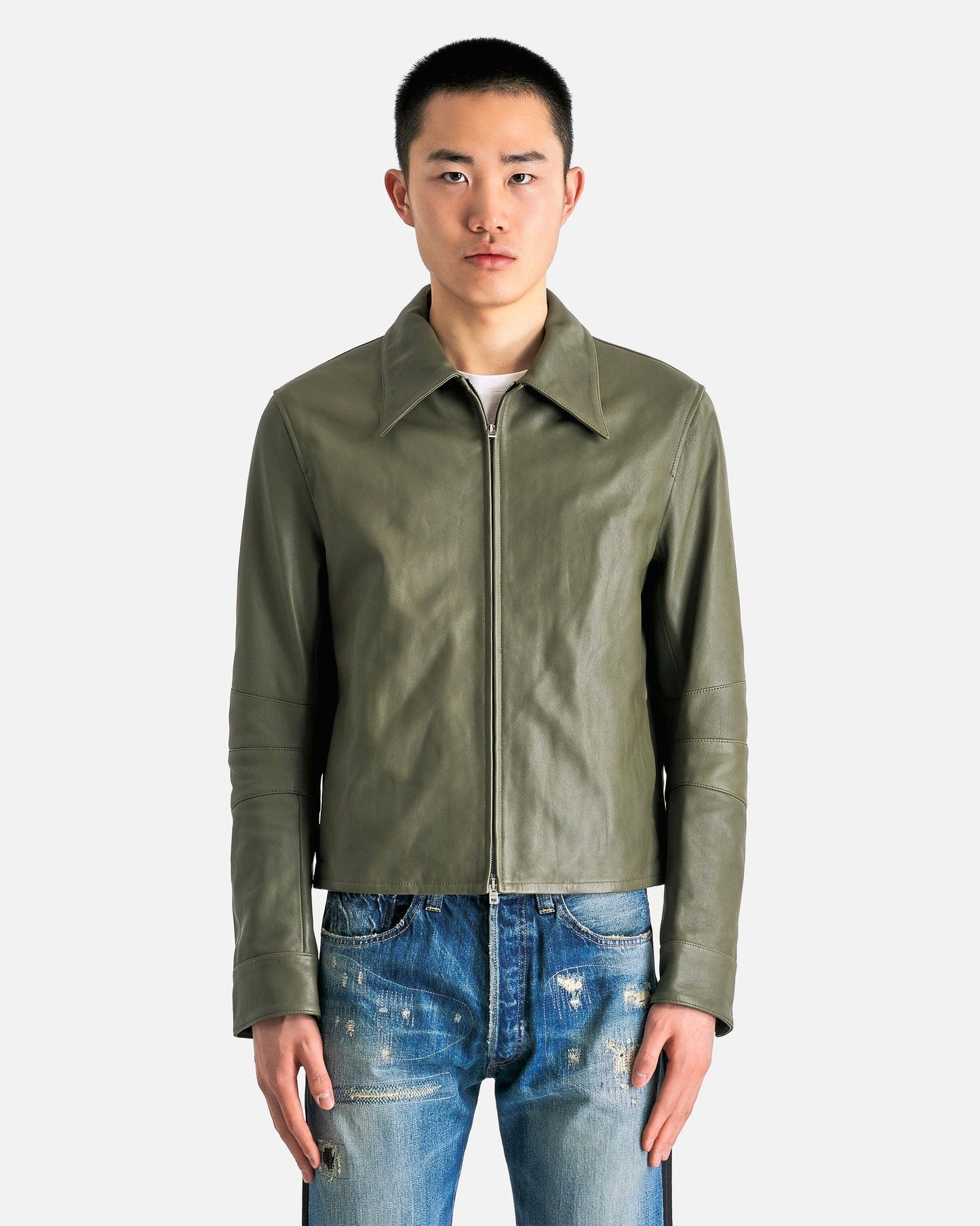 Acne Studios Men's Jackets Leather Zip-Up Jacket in Dusty Green