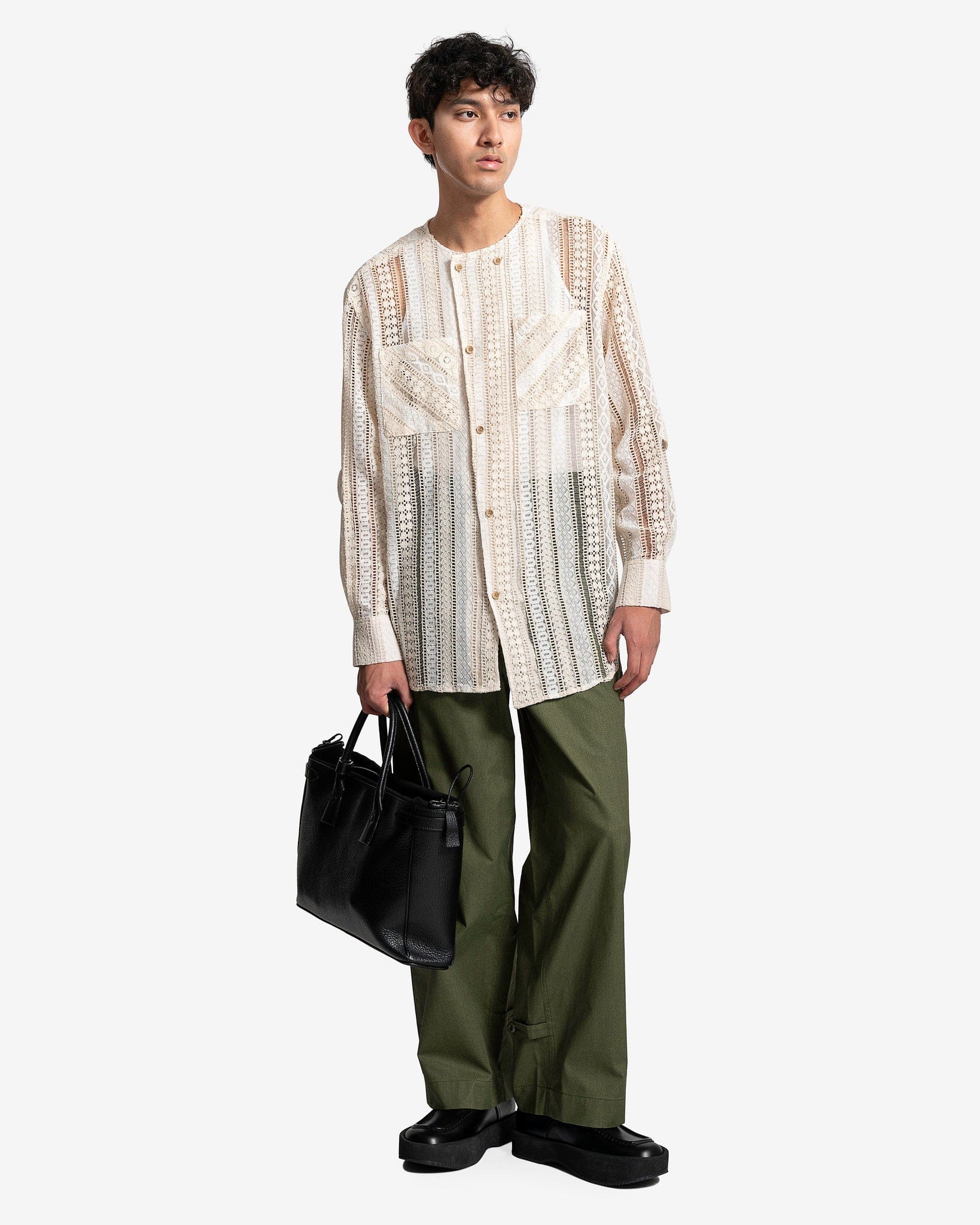 Lunar Sheer Collarless Shirt in Ecru