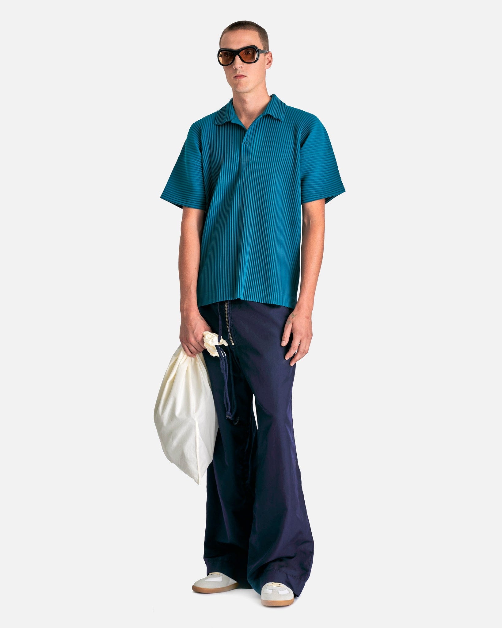 Homme Plissé Issey Miyake Men's Shirts MC May Polo Shirt in Teal Green