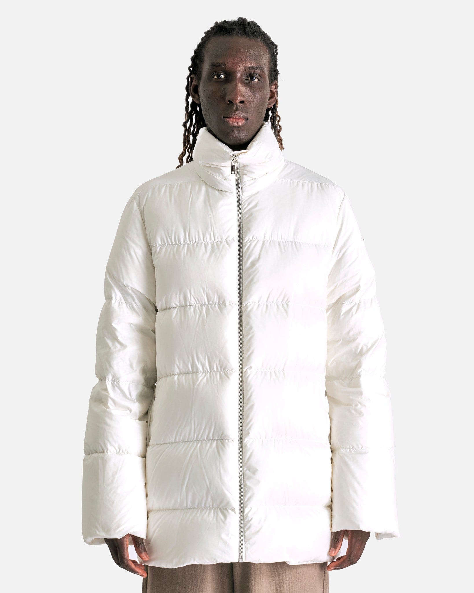 Rick Owens Men's Coat Moncler Hooded Cyclopic Coat in Milk