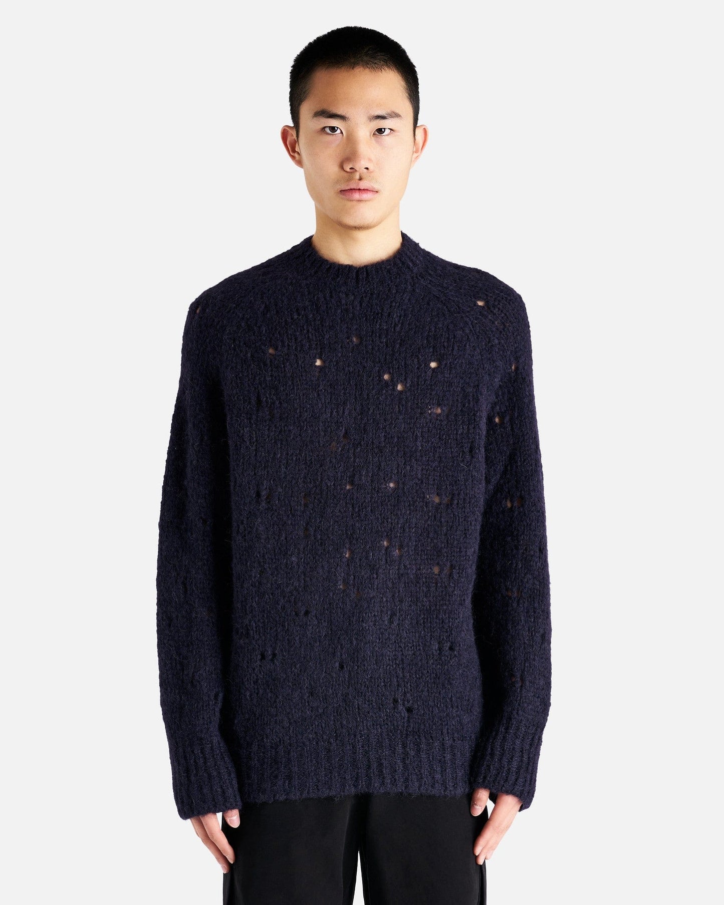 Our Legacy Men Sweaters Needle Drop Raglan in Navy Fuzzy Mohpaca