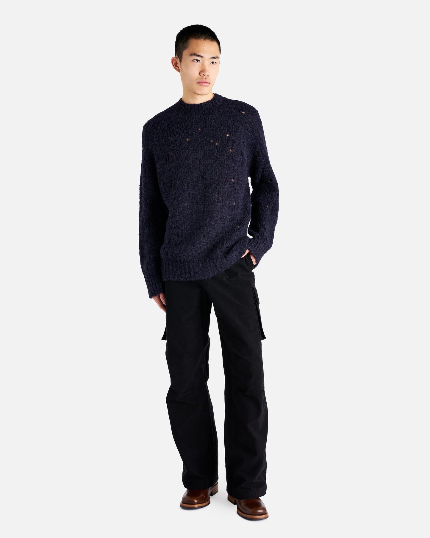 Our Legacy Men Sweaters Needle Drop Raglan in Navy Fuzzy Mohpaca