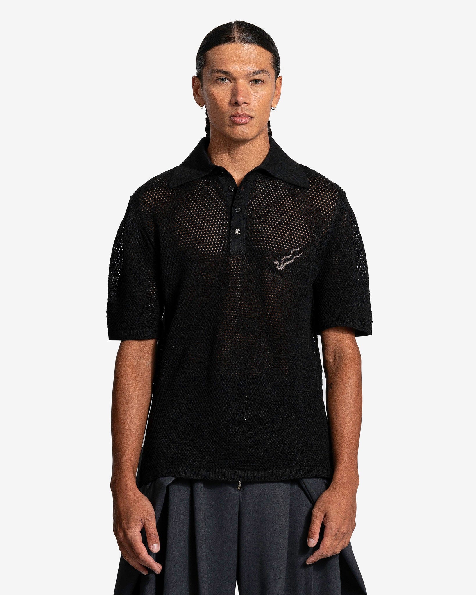 LU'U DAN Men's Shirts Net Knit Polo in Black