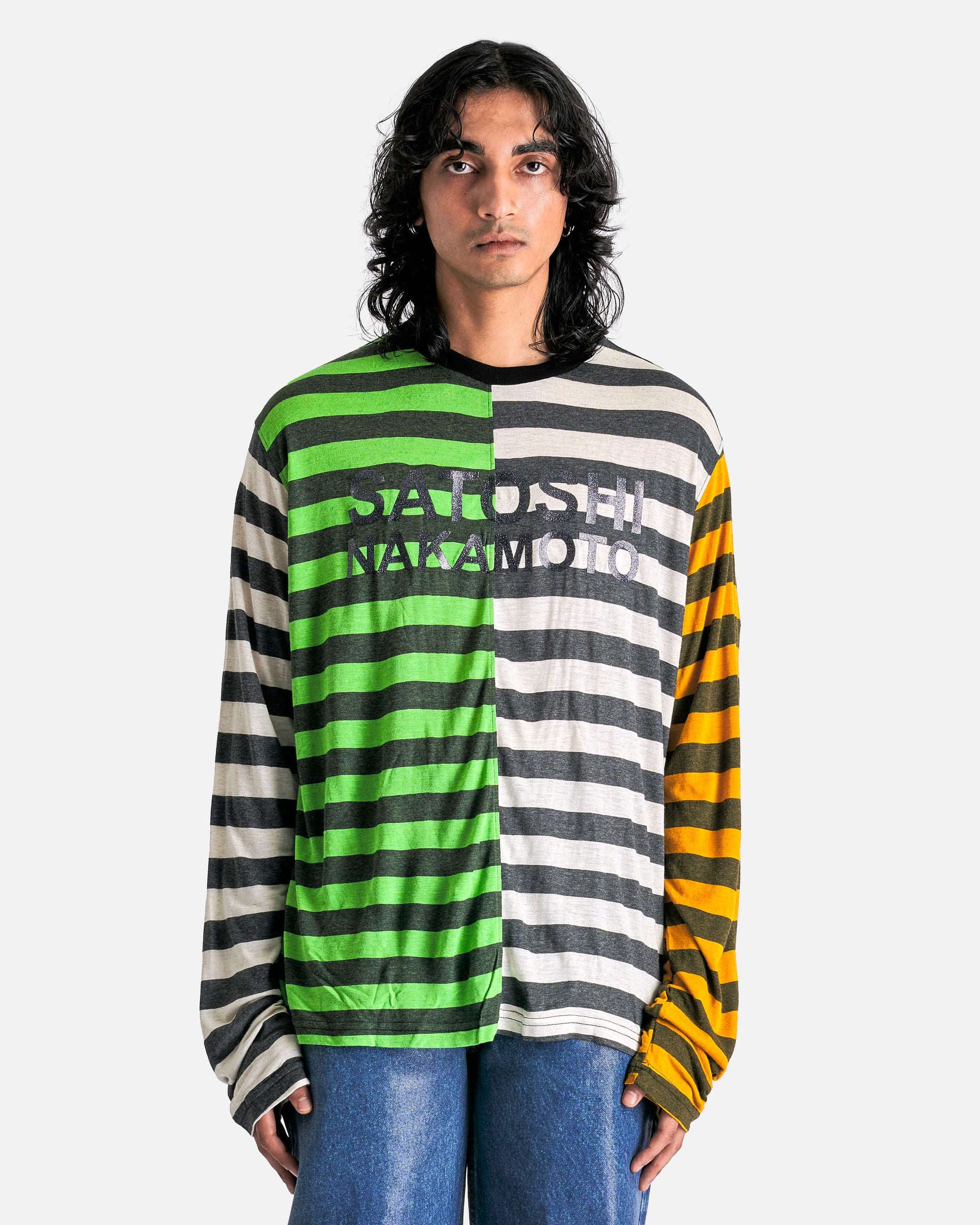 Satoshi Nakamoto Men's T-Shirts Offset Stripe Logo Longsleeve in Multicolor Stripe