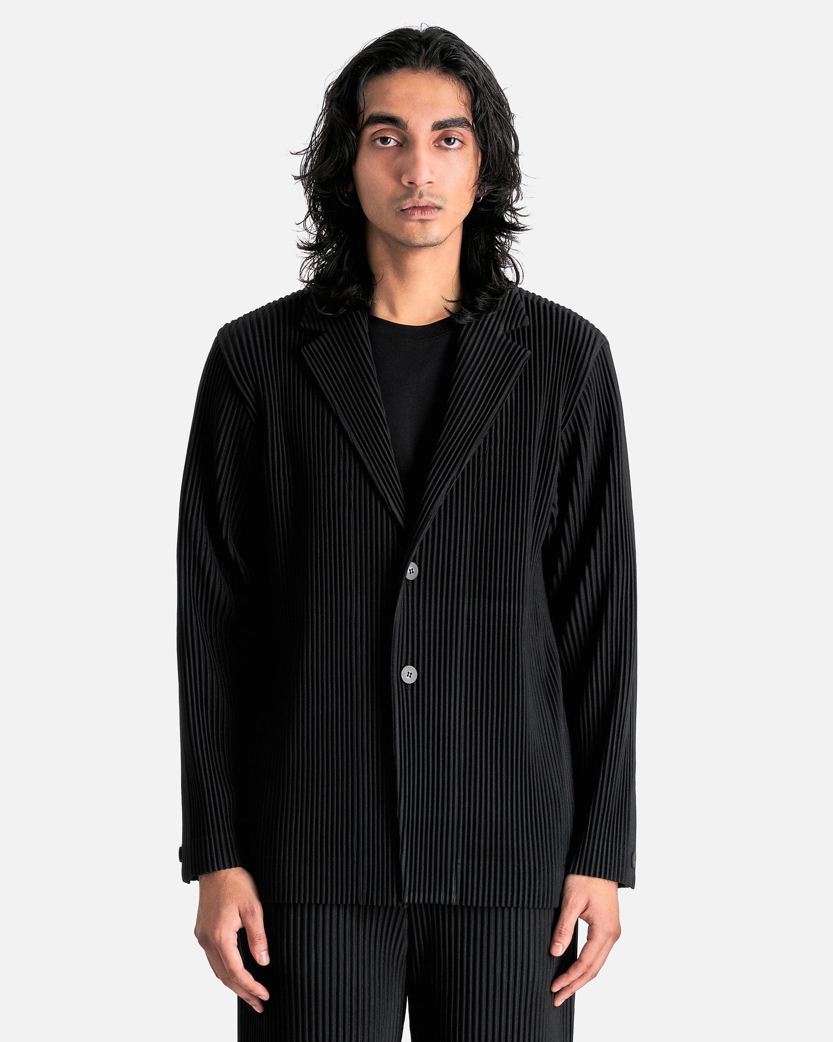 Homme Plissé Issey Miyake Men's Jackets Pleated Single Breasted Jacket in Black