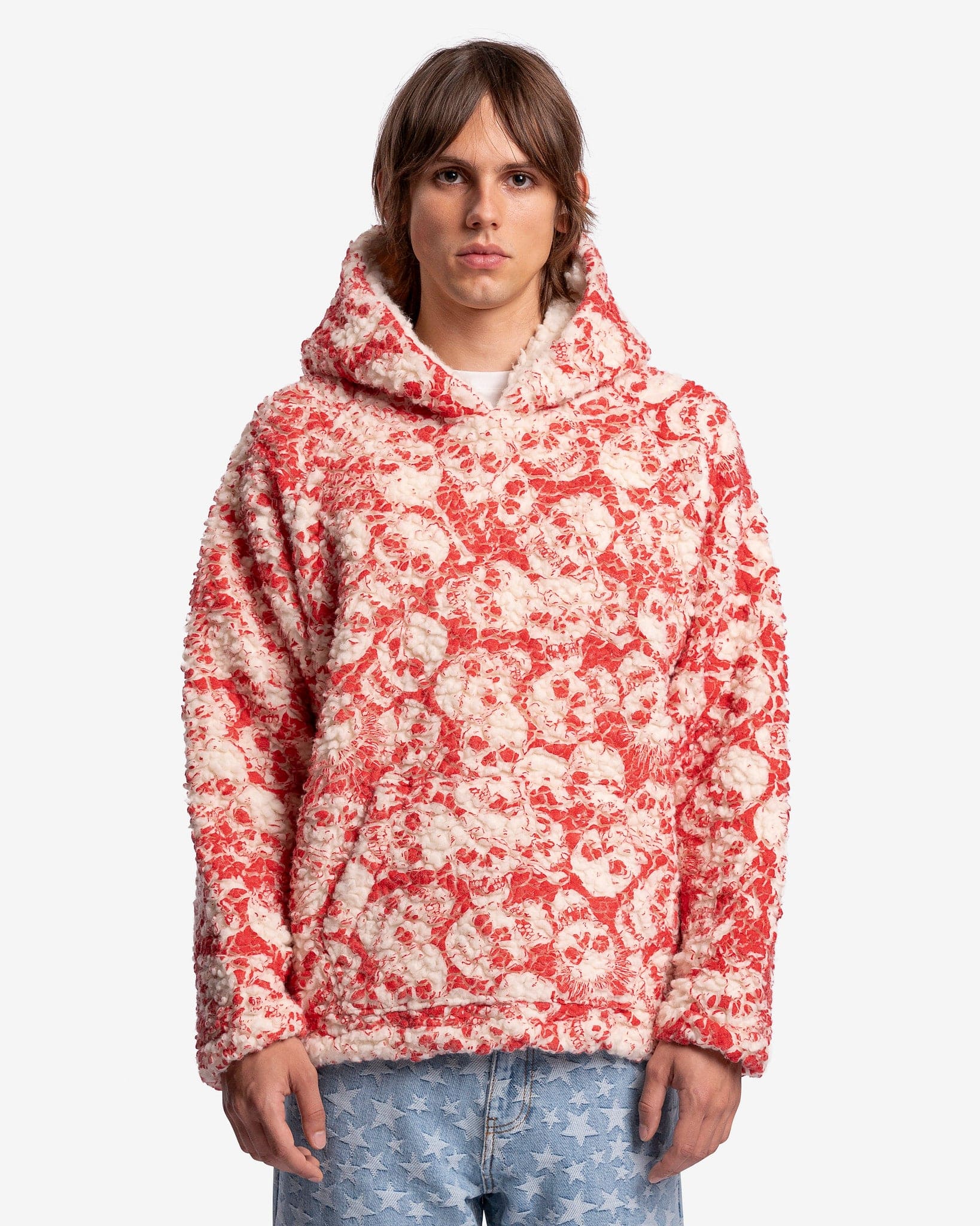 Printed Vintage Fleece Knit Hoodie in Red