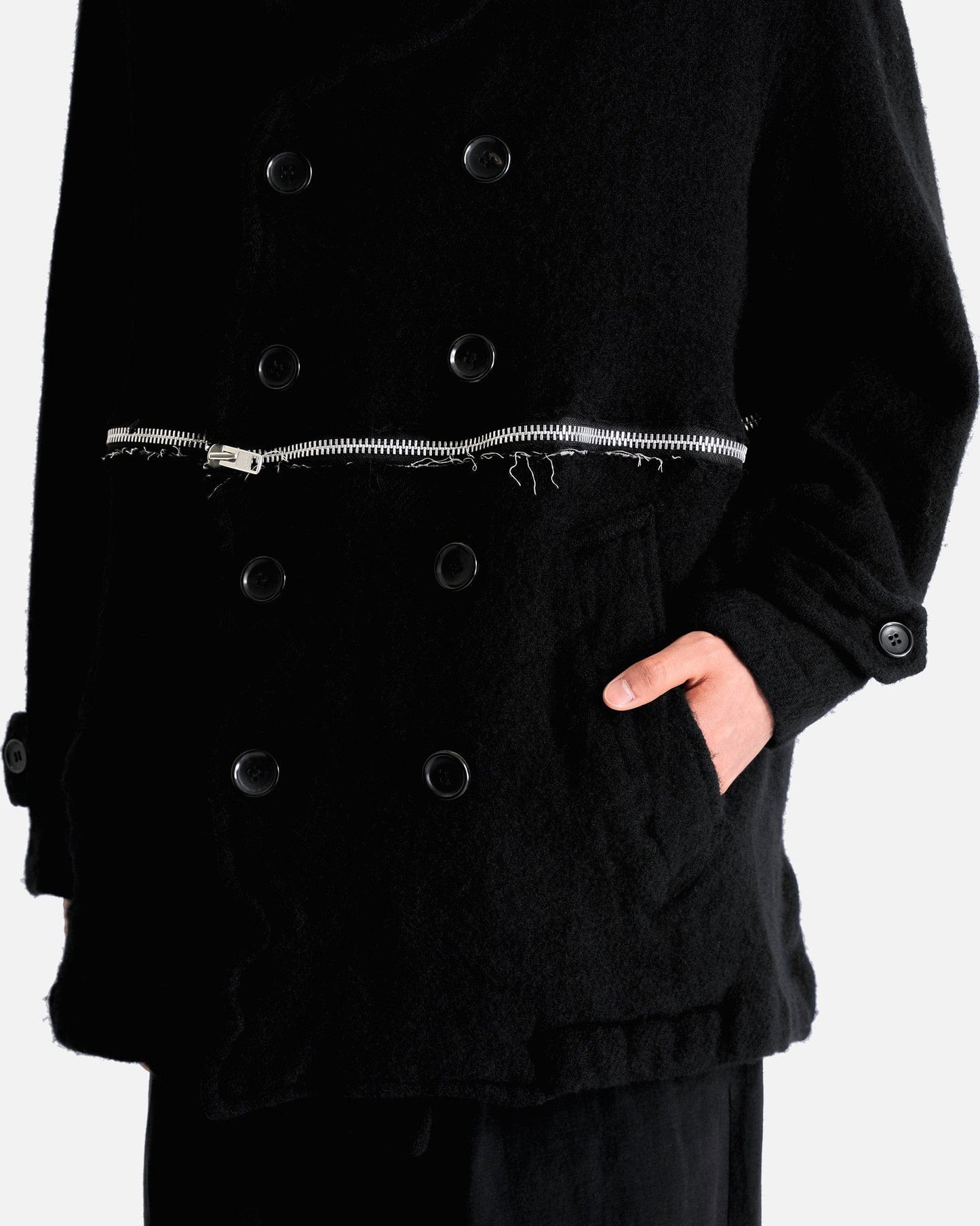 BLACK Comme des Garçons Men's Coat Thick Tweed Zipped Pea Coat in Black