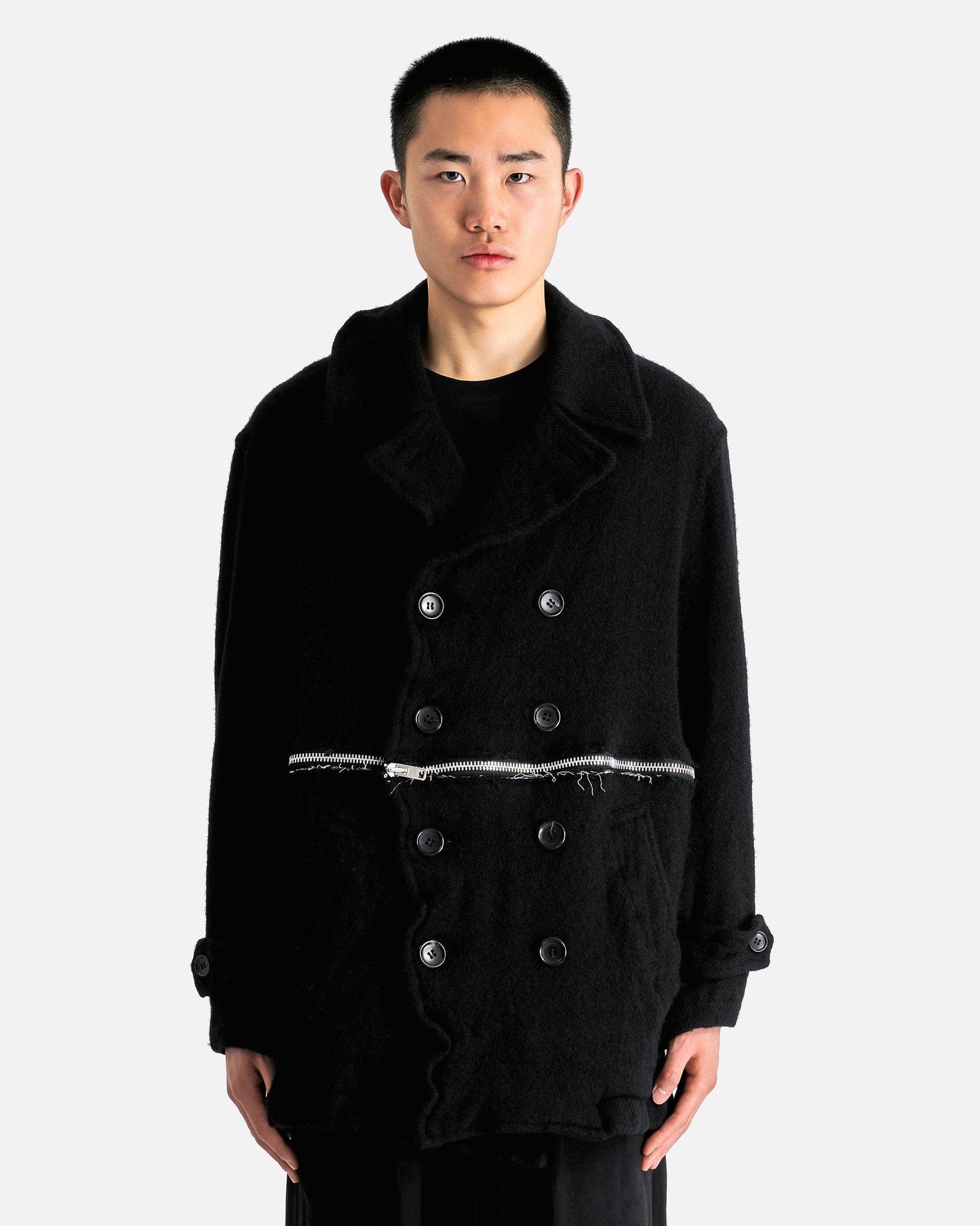 BLACK Comme des Garçons Men's Coat Thick Tweed Zipped Pea Coat in Black