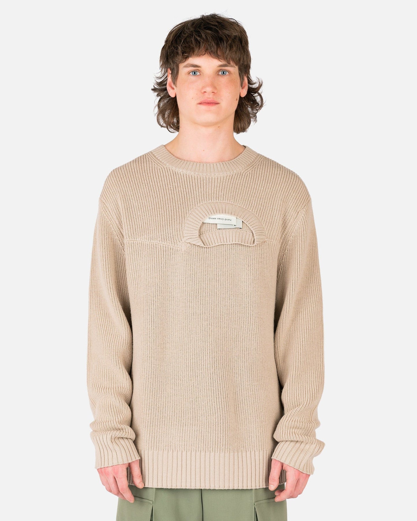 Feng Chen Wang Men's Sweatshirts Double Crewneck Knit in Beige