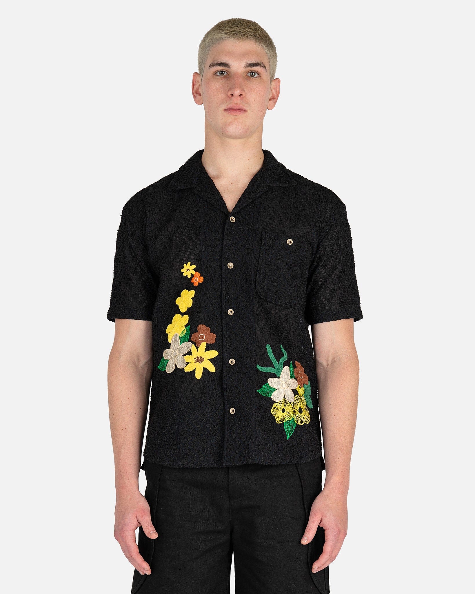 Flower Embroidery Open Collar Shirt in Black – SVRN