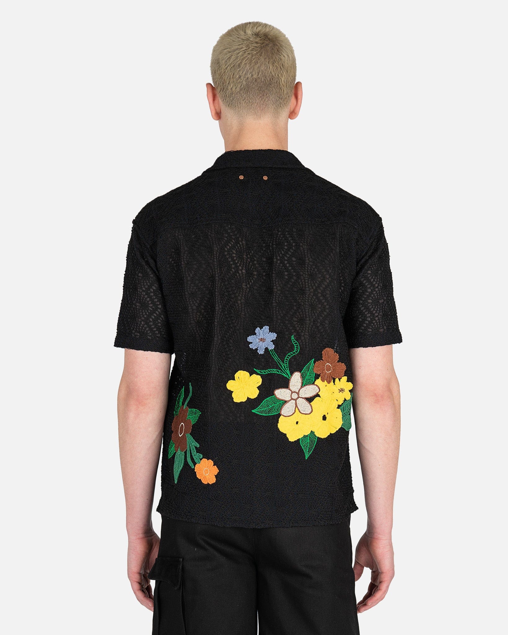 Flower Embroidery Open Collar Shirt in Black