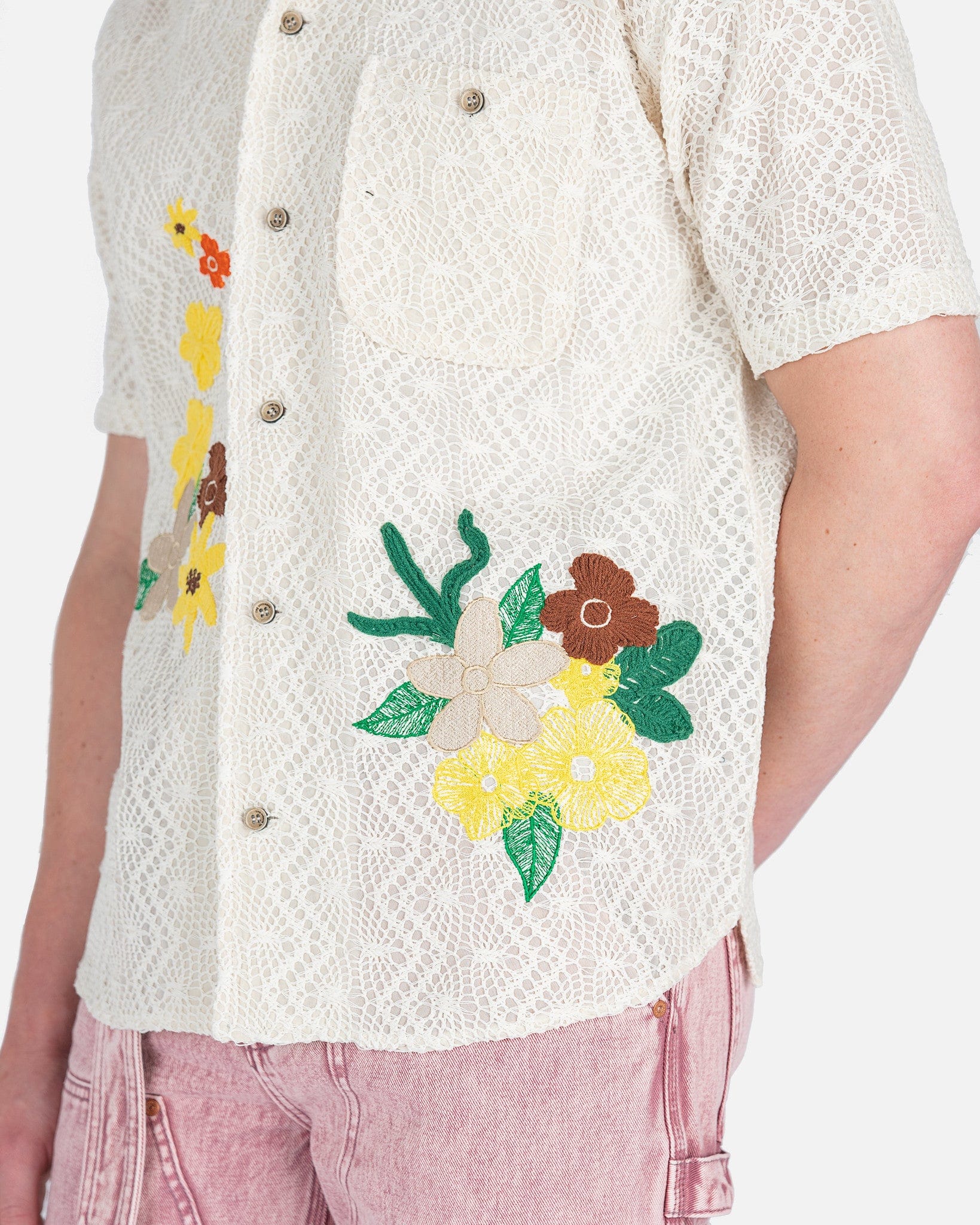 Flower Embroidery Open Collar Shirt in White