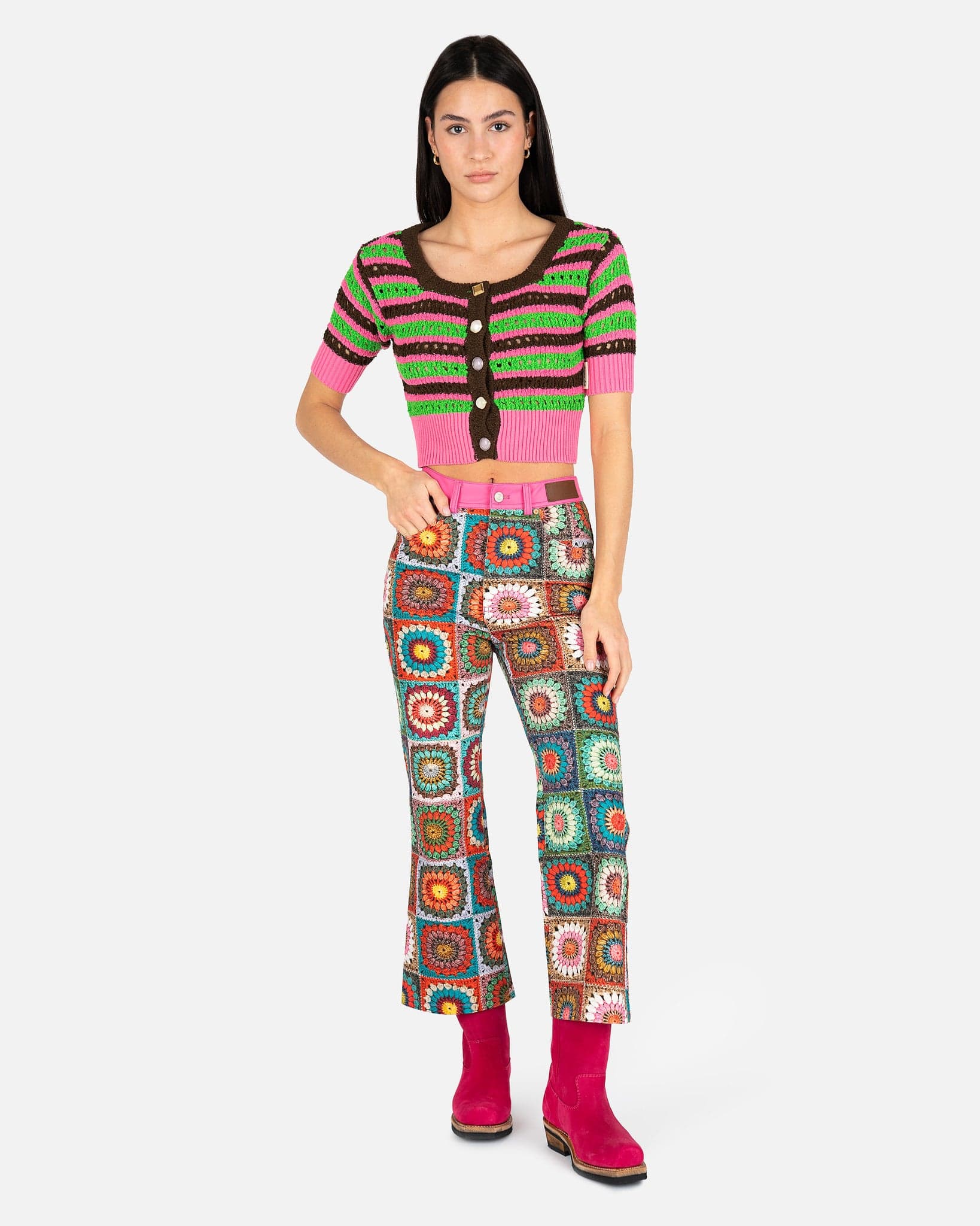 Irene Long Crochet Printed Pants in Multi