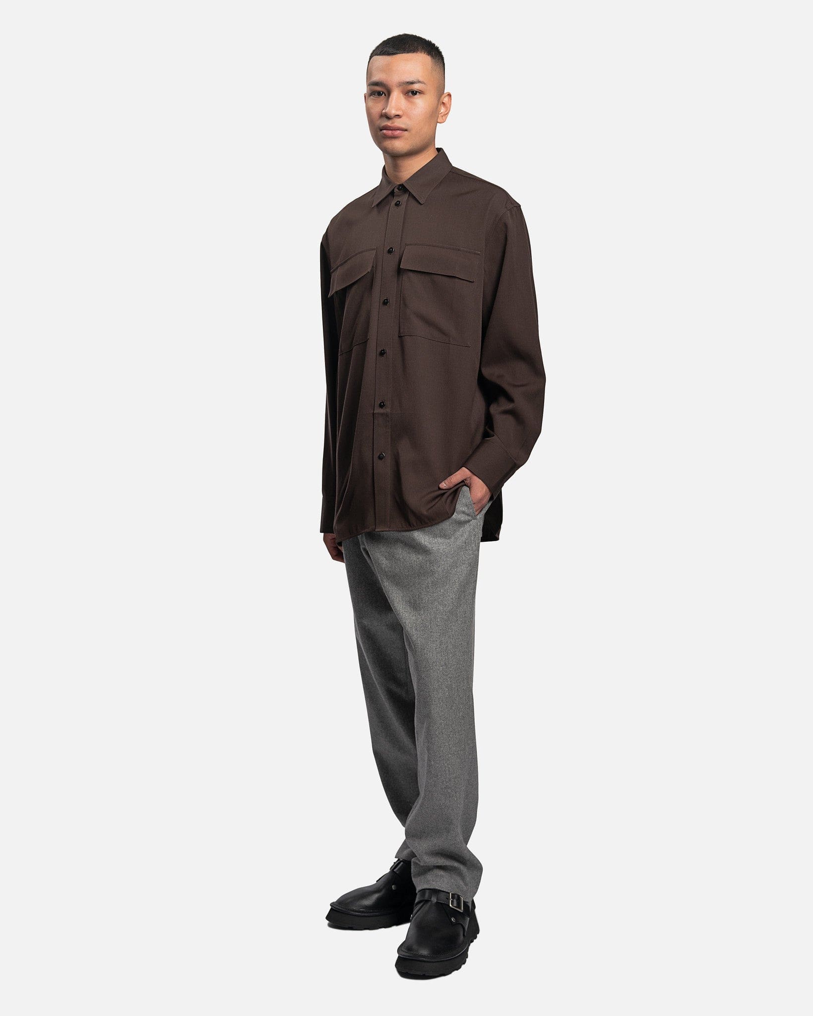 Light Wool Gabardine Shirt in Dark Brown