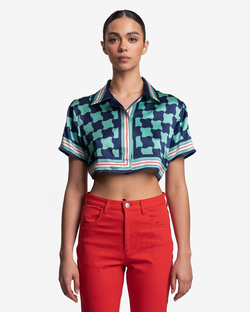 Casablanca Women Tops Pool Tile Cuban Collar Cropped Silk Shirt in Multi