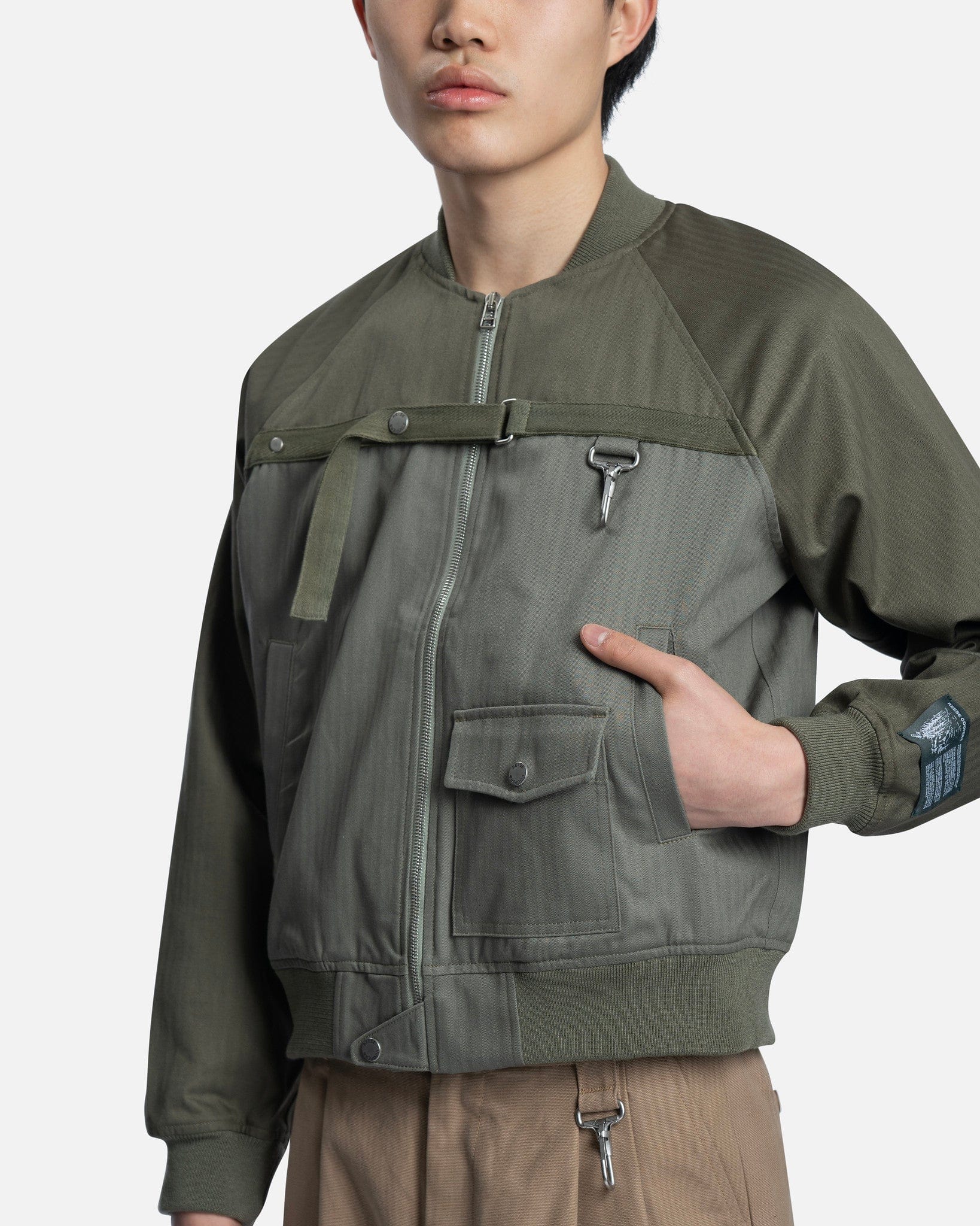 Two Tone Herringbone Cotton Bomber Jacket in Army Sage SVRN